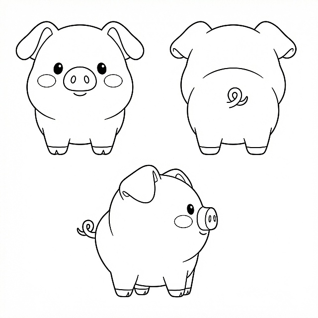 根据图片，生成小猪的三视图线稿