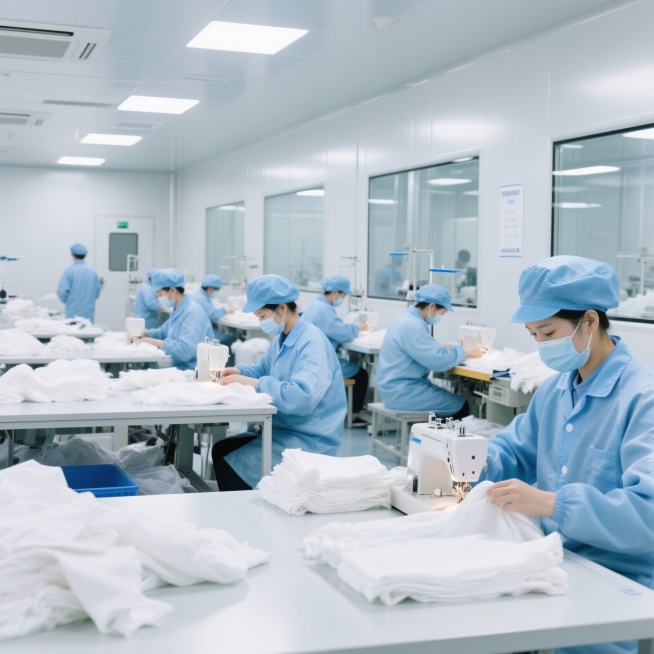 洁净无尘生产车间内部，多名工人正在进行高效、规范的缝制与整理作业。工人穿着统一的蓝色无尘服、蓝色防护帽、口罩，着装完整规范，体现卫生和专业感。人物动作自然真实，有的坐在操作台前整理白色布料或半成品，有预览效果