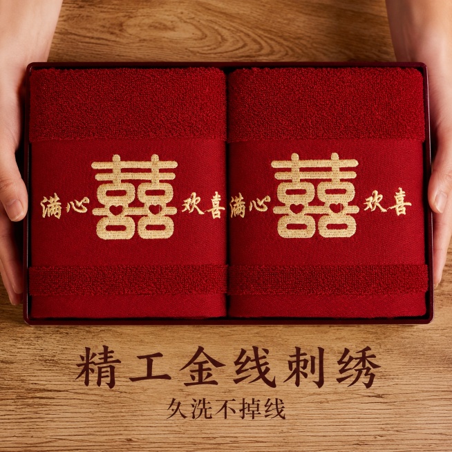 [主图6] 满心欢喜刺绣工艺礼盒平铺细节特写图
【氛围风格】工艺特写，突出刺绣品质
【画质】商业摄影质感、光线通透清晰、产品真实、画面干净高级
【元素】木色背景上，双手托举礼盒近距离展示满心欢喜金线刺预览效果