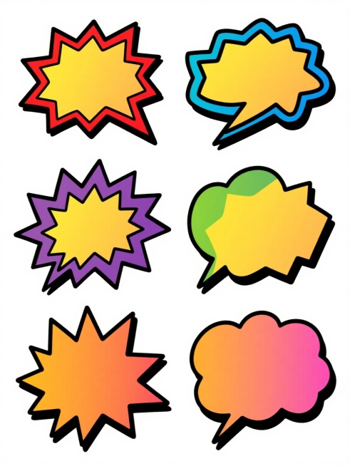 一套6个不同形状的漫画风格爆炸对话框系列素材，保持手绘感黑色粗轮廓线与内部黄色渐变填充的视觉特征，每个对话框拥有独特的放射状尖角与曲线边缘设计，整体采用纯色背景，画面整体色彩变换为6种不同色调（如红色、蓝色、绿色、紫色、橙色、粉色），所有元素内容保持原手绘质感与简洁风格，以规整的网格状排布在同一画面中，形成系列感强的装饰图案集合。预览效果