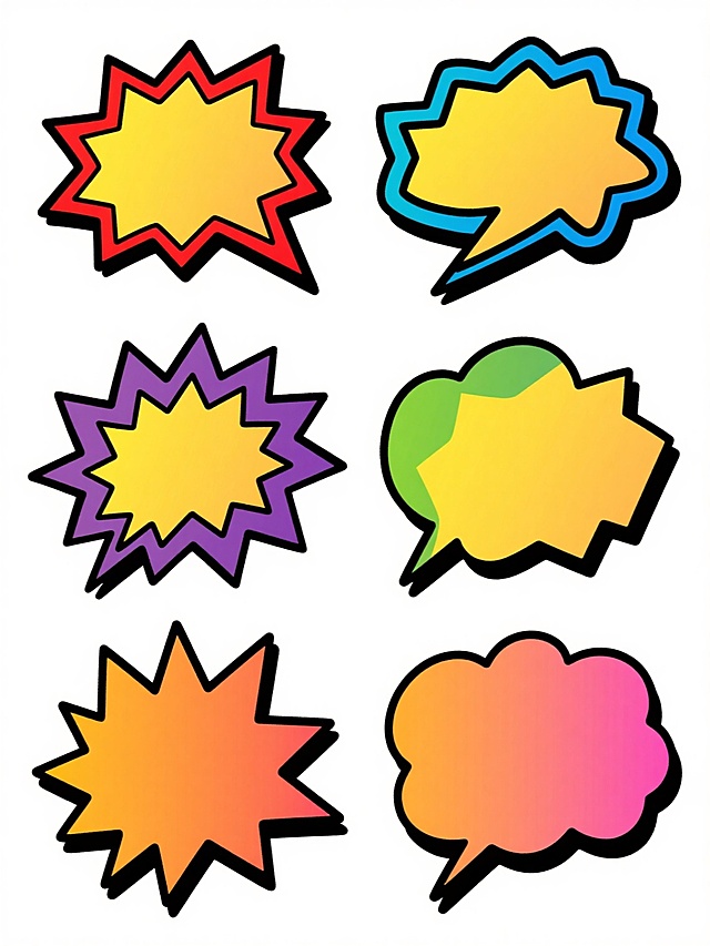 一套6个不同形状的漫画风格爆炸对话框系列素材，保持手绘感黑色粗轮廓线与内部黄色渐变填充的视觉特征，每个对话框拥有独特的放射状尖角与曲线边缘设计，整体采用纯色背景，画面整体色彩变换为6种不同色调（如红色、蓝色、绿色、紫色、橙色、粉色），所有元素内容保持原手绘质感与简洁风格，以规整的网格状排布在同一画面中，形成系列感强的装饰图案集合。