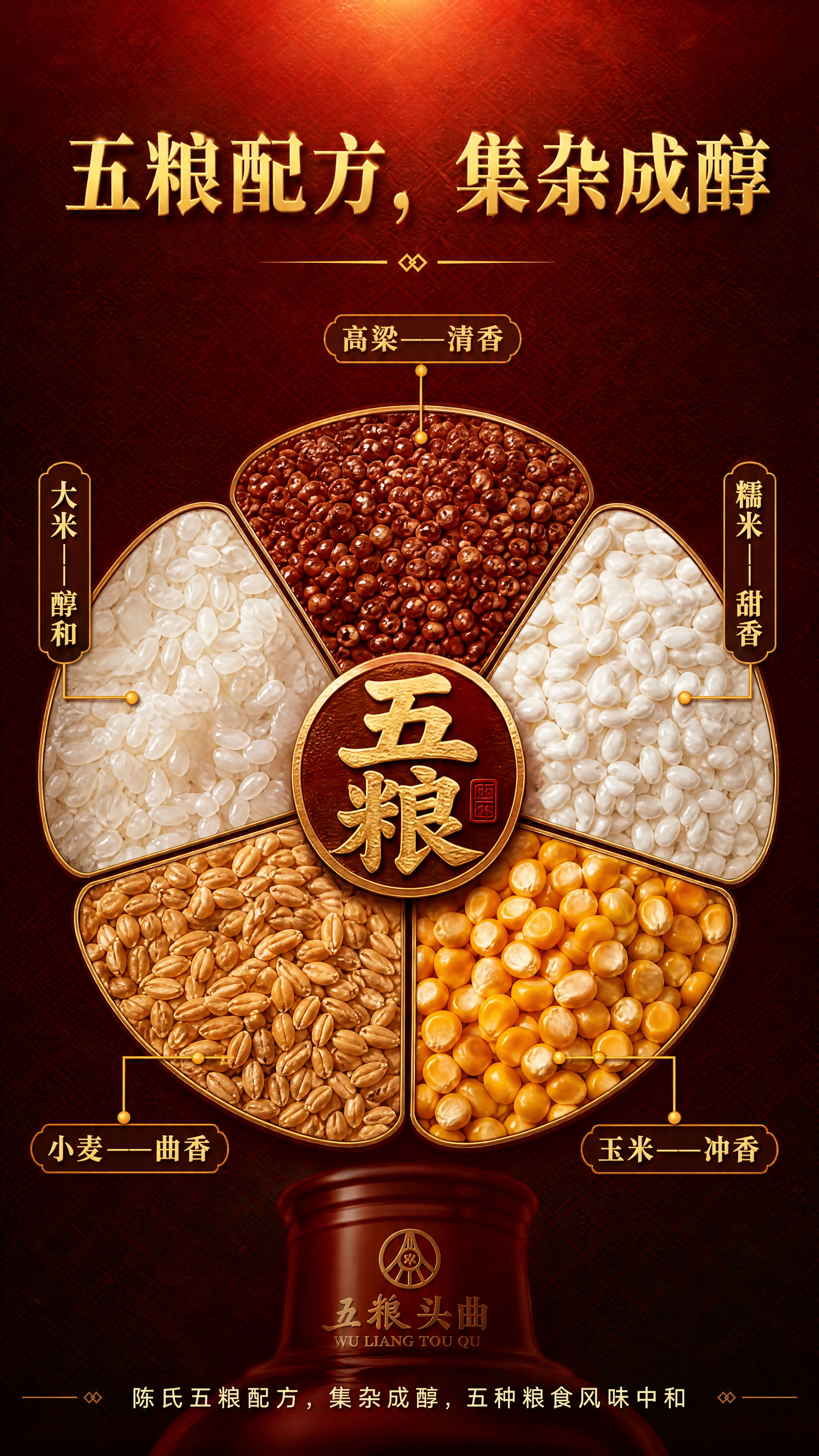 [商品] 五粮配方原料展示页，无产品瓶身主图；画面主体为五种粮… - 图片创意预览