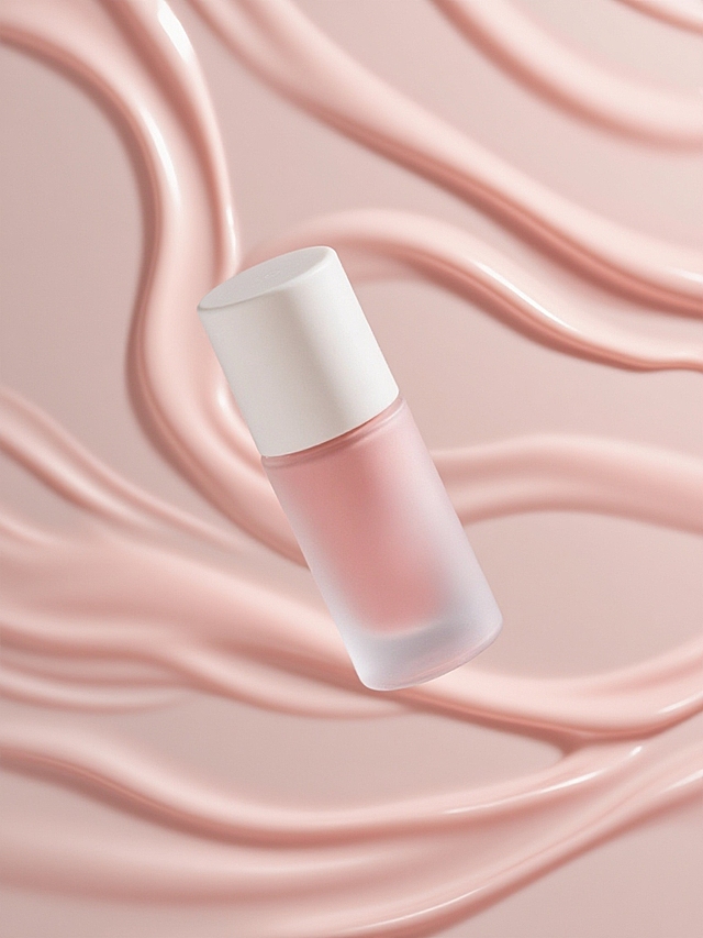 产品悬在空中，流畅的线条纹理背景（带有光泽感的浅粉色的液体）