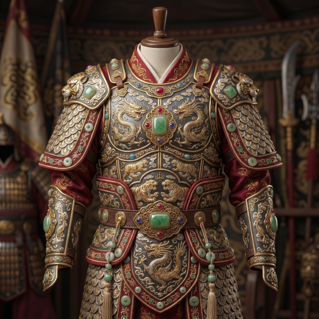 中国古代三国时期的写实风格将军上衣盔甲，和配套传说品质头盔保持同一风格，极其华丽精美，结合错金银工艺、玉饰和宝石镶嵌，最高品级的将官甲胄，整体风格质感与参考头盔保持一致预览效果