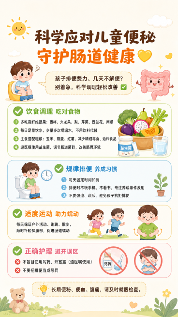 制作一张儿童便秘健康科普图文海报，整体简约干净温馨风格，顶部标题文字为"科学应对儿童便秘 守护肠道健康💛"，正文内容包含：孩子排便费力、几天不解便？别着急，科学调理轻松改善 ✅ 饮食调理 吃对食物预览效果