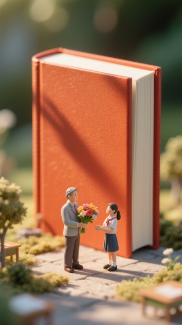 教师节主题，画面中巨大的橙红色书籍矗立在画面中央，在书籍的底部，一位老师和一名学生站在一起，学生正在给老师献花，温馨感预览效果