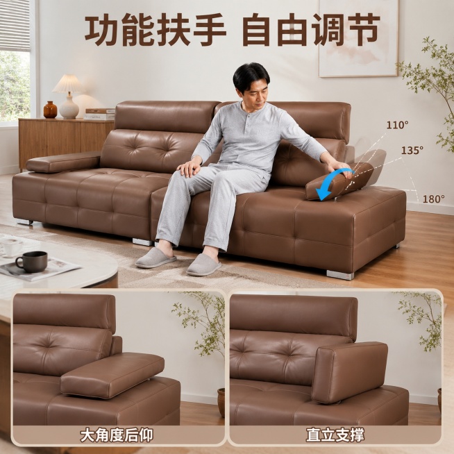 [主图-2] 劳伦斯高靠真皮沙发功能调节展示图。[氛围风格] 现代温馨居家，真实使用场景感。[画质] 商业摄影质感、光线柔和通透、产品清晰真实、画面干净高级。[元素] 保留原劳伦斯高靠沙发浅棕色外观、预览效果