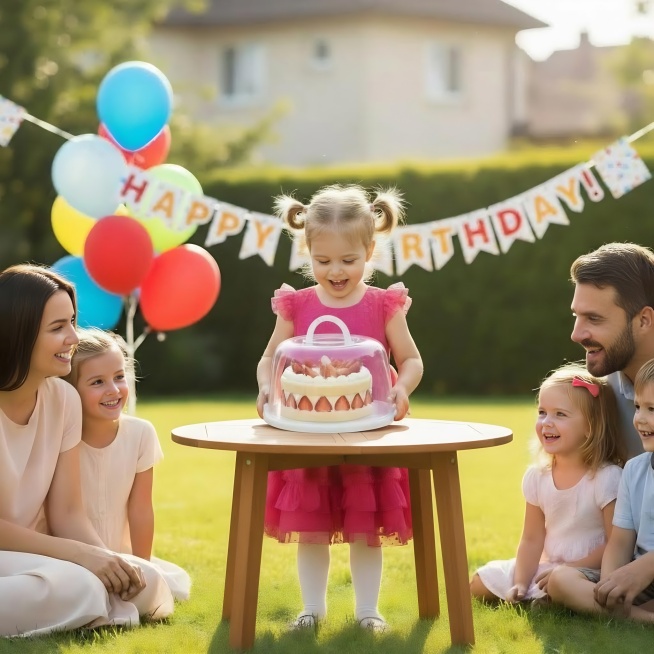 帮我生成一张美国家庭成员正在户外过生日的场景图，小女孩正在拿起蛋糕盒，蛋糕盒的形状不能改变预览效果