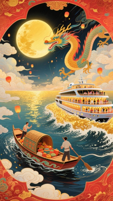整体红金色调，热闹氛围。画面含金黄圆月，一只唐代小船（船身绘云纹，满载节日物资，唐代船工挥汗）和一艘现代豪华邮轮（甲板有中秋赏月人群、邮轮灯光璀璨），一道洒金的浪花阻隔在中间，背景是同一片金色的海，水预览效果