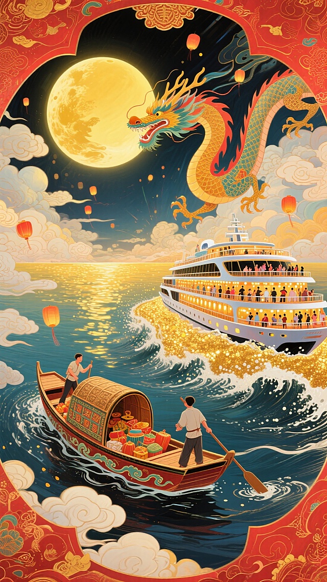 整体红金色调，热闹氛围。画面含金黄圆月，一只唐代小船（船身绘云纹，满载节日物资，唐代船工挥汗）和一艘现代豪华邮轮（甲板有中秋赏月人群、邮轮灯光璀璨），一道洒金的浪花阻隔在中间，背景是同一片金色的海，水面波光映照着月光与邮轮霓虹，祥龙飞过天际。整体画面充斥着华丽的金色和喜庆的红色，奇幻色彩和光影变化，具有丰富的层次感和立体感，体现繁荣昌盛喜庆氛围，梦幻的大透视，