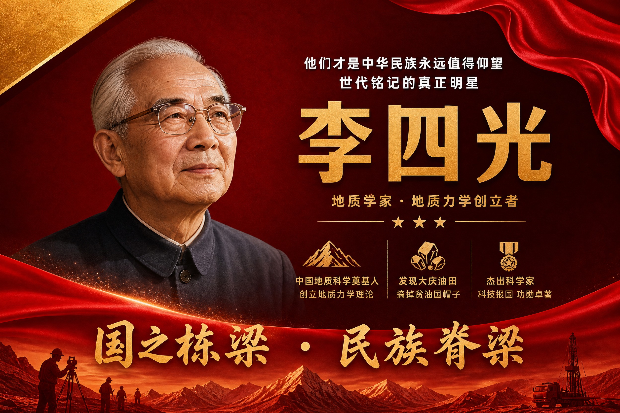 横版国之栋梁人物挂画海报，李四光主题，参考图风格复刻，红金配色… - 图片创意预览