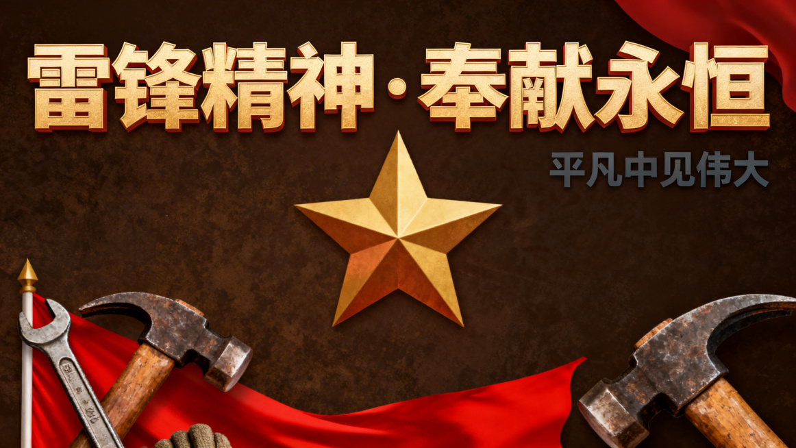 雷锋精神主题横屏视频封面，无真人形象，复古海报风格，用五角星、旗帜、劳动工具等象征元素，配色沉稳有质感，突出奉献主题预览效果