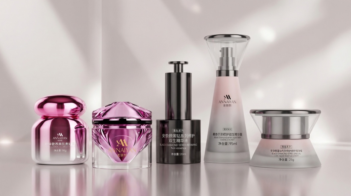 一张高端美妆品牌多产品展示KV背景图，背景采用轻奢优雅风格，柔和漫射光营造通透氛围感，主色调为低饱和度莫兰迪粉与高级灰搭配，背景中加入微妙的光斑与柔焦效果增添高级感，画面保持干净无多余元素，为五款安奈预览效果