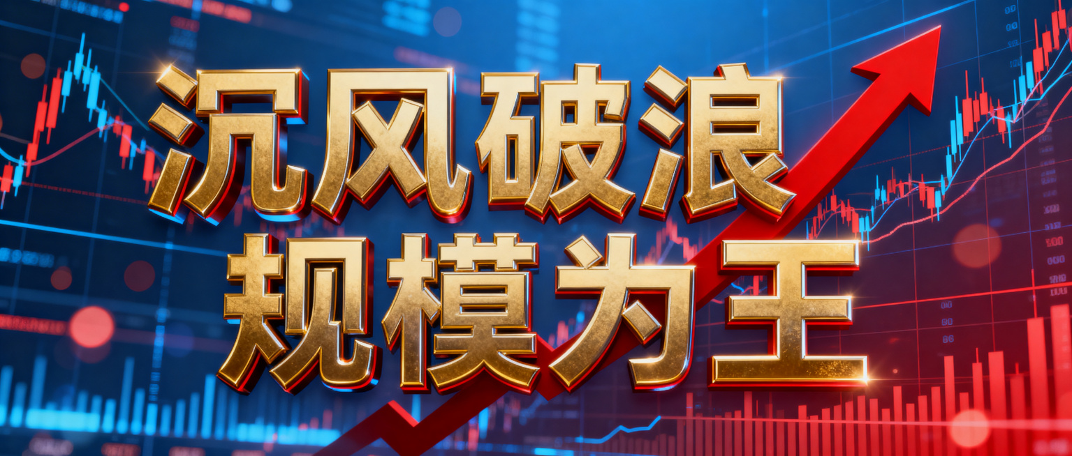 金融股票K线图背景，带有红色向上箭头，蓝红渐变科技感背景，散景虚化效果，表现股市上涨，财经数据可视化风格，超写实，8K画质，专业金融摄影风格。画面正中间是大号立体烫金艺术字"沉风破浪 规模为王"，字体预览效果