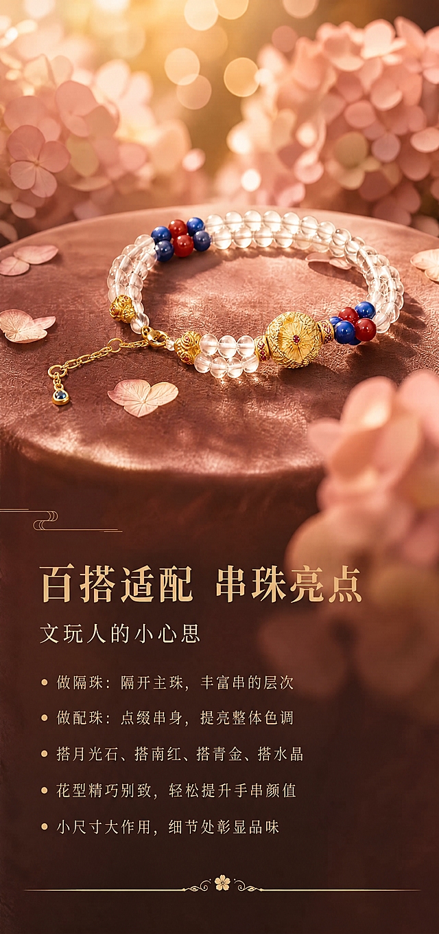 将这张图片的整体色调统一为暖粉棕调，与参考图3/4/5的色调保持一致。具体调整：1. 背景的紫蓝色绣球花改为淡粉色绣球花，暖调；2. 深棕色台面改为暖粉棕丝绒质感，偏暖粉调而非冷棕；3. 整体色温提高，去除冷紫调，增加暖金色和暖粉色；4. 光斑散景改为暖金色和淡粉色，而非冷紫色；5. 散落的花瓣改为淡粉色绣球花瓣；6. 黄金产品保持足金原色，温润黄金色泽，禁止发白发银；7. 文字颜色保持浅金棕色，与整体暖调协调；8. 保留所有文字内容、排版、产品造型、尺寸标注、手串结构完全不变，只调整色调氛围。整体效果要像图3/4/5那样温暖、粉调、轻奢。