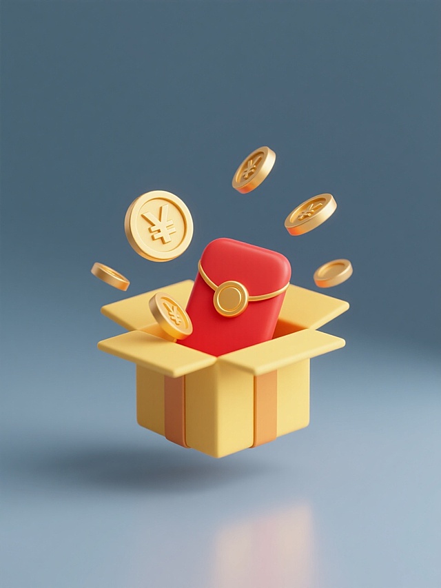 现代简约风格促销元素图案，纯色背景，规整排布的单一元素，红色红包与金色金币从打开的黄色礼物盒中溢出，金色优惠券带有人民币符号并向四周飘起，整体造型简洁，色彩明快，光影柔和，元素边缘光滑，无多余装饰，适合系列素材集合使用。