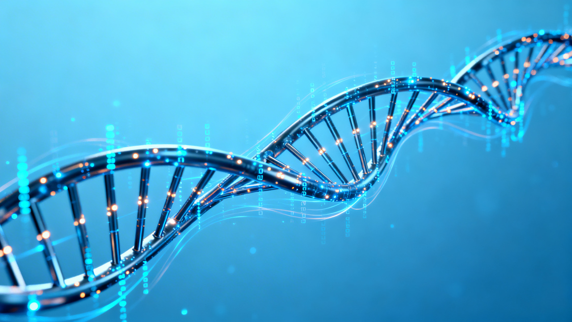 全基因组外显子区域的DNA双螺旋结构，展示高通量基因测序技术，蓝色科技风背景，简洁现代，突出DNA链和测序数据点，科技感十足的分子生物学研究画面预览效果