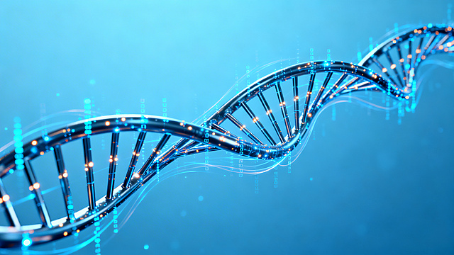 未来感DNA双螺旋，科技蓝调光影交织，3D金属质感与粒子流动，虚拟现实风格，展现生命科学的无限可能。