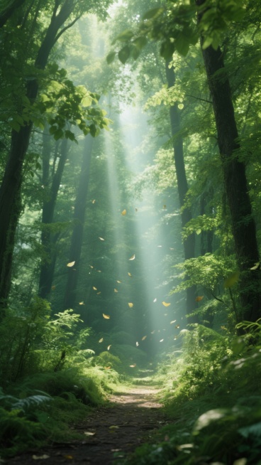 一片充满生机的绿色森林场景，阳光透过茂密的树叶形成明亮的光束，洒在林间小径上，周围是高大的树木和繁茂的植被，空气中漂浮着轻盈的落叶，整体呈现出宁静而神秘的氛围，光影效果柔和且富有层次感，色彩以各种深浅不同的绿色为主调，营造出自然、清新、生机勃勃的感觉。预览效果