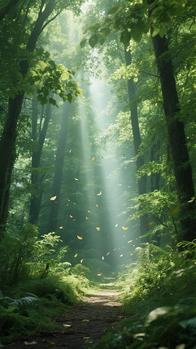 一片充满生机的绿色森林场景，阳光透过茂密的树叶形成明亮的光束，洒在林间小径上，周围是高大的树木和繁茂的植被，空气中漂浮着轻盈的落叶，整体呈现出宁静而神秘的氛围，光影效果柔和且富有层次感，色彩以各种深浅不同的绿色为主调，营造出自然、清新、生机勃勃的感觉。