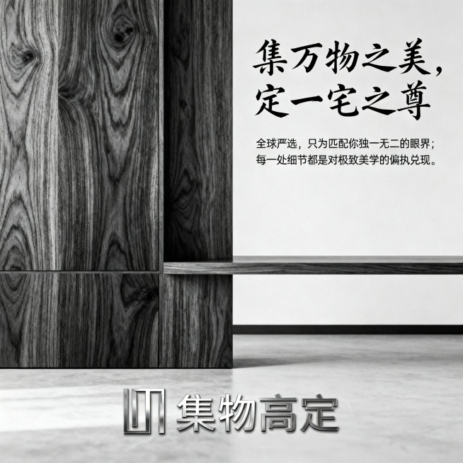 我要设计一块广告牌，大概尺寸高2.9米，宽5.3米，长方形从事全屋定制行业，品牌：集物高定，中高端定位。版面设计要求有艺术/高级感，以黑白灰色为主体色。主体广告语:集万物之美，定一宅之尊，辅助语:全球预览效果