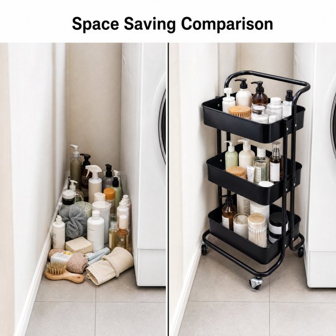 [Comparison Image] Before and after comparison diagram of the 3-tier rolling storage cart. Left side预览效果