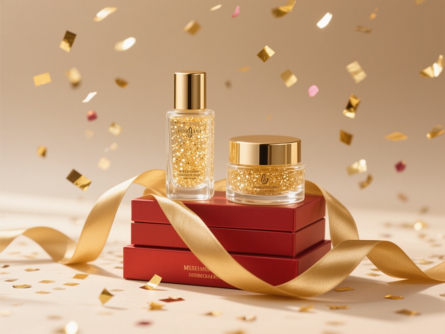 高端美妆产品广告，两个透明玻璃瓶盛满金色液体，内含闪闪发光的颗粒，金属金色瓶盖，瓶子置于哑光红色多层盒子上，优雅飘逸的金色缎带环绕盒子和瓶子，背景是柔和温暖的米色调，金色五彩纸屑在空中飘舞，整体风格奢预览效果