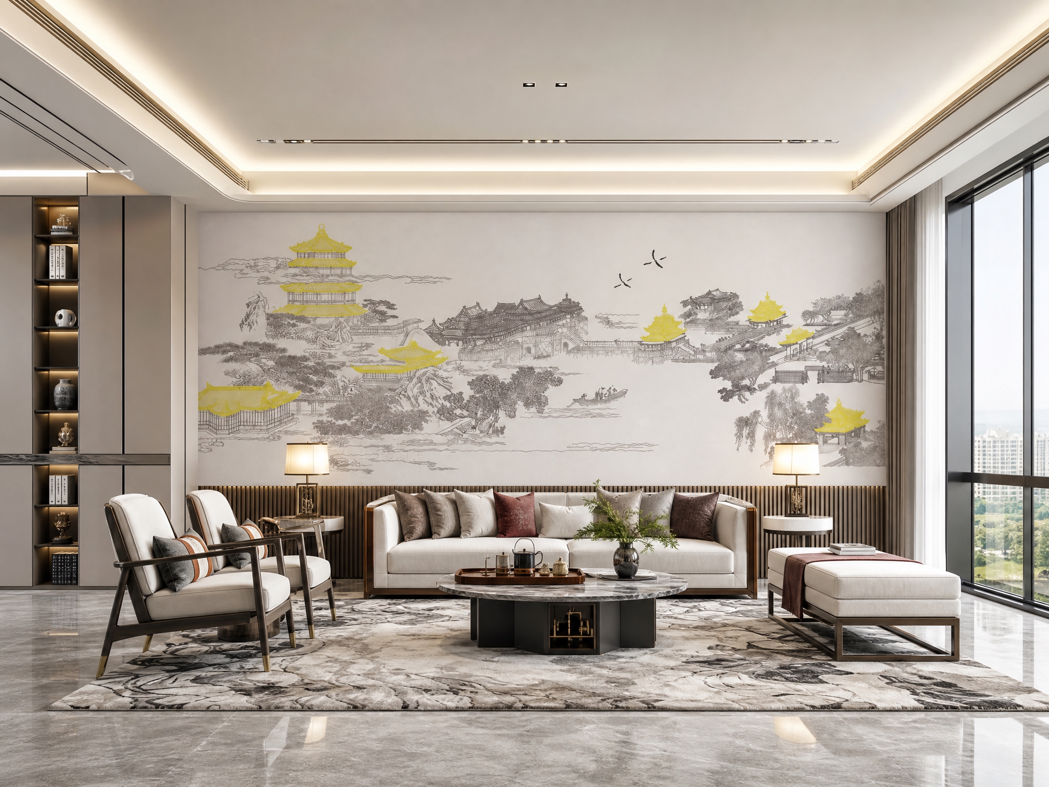 将参考图中的刺绣硬包背景墙图案完整保留，图案颜色和细节完全不变… - 图片创意预览