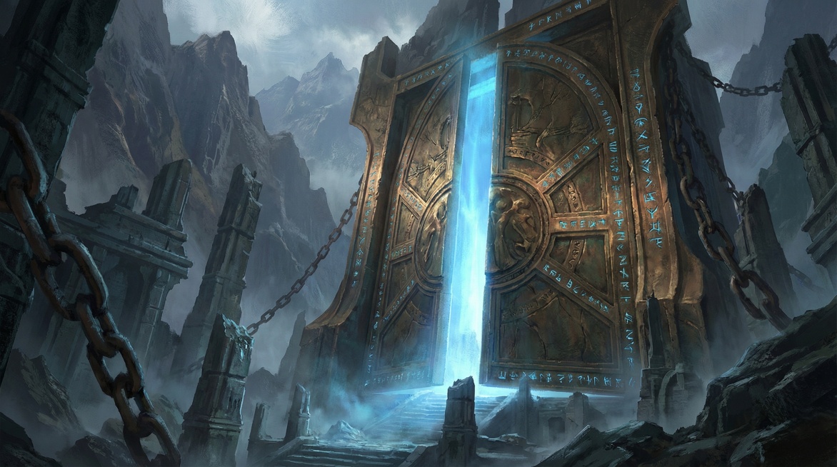 盗墓笔记风格的纯场景图，不要有人物，远景，在山间有一个巨大的青铜门，门打开一点点，门里发出蓝色的光芒，游戏cg的风格预览效果