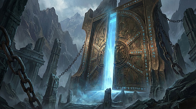 盗墓笔记风格的纯场景图，不要有人物，远景，在山间有一个巨大的青铜门，门打开一点点，门里发出蓝色的光芒，游戏cg的风格