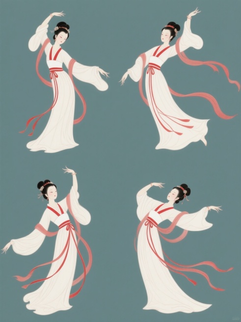 四个规整排布的中国风古典舞女性人物素材，均采用简约现代的工笔画风格，线条流畅细腻，色彩以红白为主色调，人物身着飘逸的传统汉服，裙摆和袖带随风舞动，呈现出四种不同的古典舞蹈动作，姿态优雅灵动，背景为纯色，无任何文字、logo和水印。预览效果
