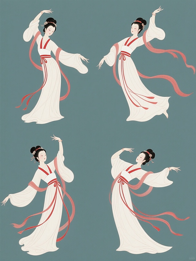 四个规整排布的中国风古典舞女性人物素材，均采用简约现代的工笔画风格，线条流畅细腻，色彩以红白为主色调，人物身着飘逸的传统汉服，裙摆和袖带随风舞动，呈现出四种不同的古典舞蹈动作，姿态优雅灵动，背景为纯色，无任何文字、logo和水印。