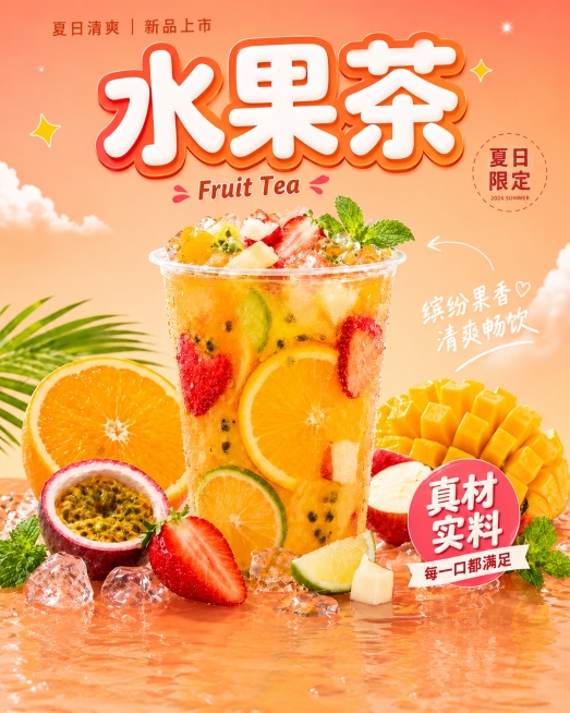 生成和原图一模一样的夏日水果茶海报，保持所有文字内容和版式不变，提升图片清晰度，调整为19*23厘米竖版，暖橙色背景，包含装满水果茶的透明杯子、橙子、百香果、草莓、芒果等水果，文字有：夏日清爽 | 新预览效果