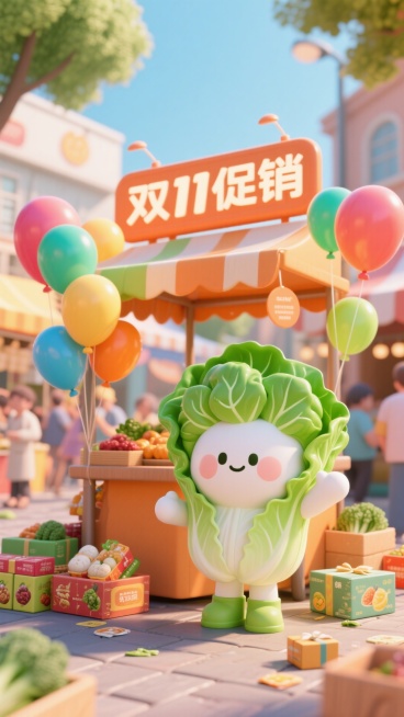 主视觉为白菜小人在热闹的户外市集摆摊，热情吆喝双 11 促销，摊位周围挂满彩色气球与 “双 11 促销” 的招牌，地面散落着包装好的农产品礼盒，整体是充满烟火气的暖橙色调。预览效果