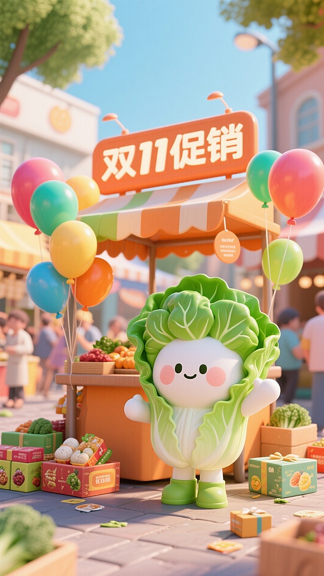 软3D风拟人白菜萌趣登场，卡通感十足，搭配双11促销摊位与彩色气球，营造可爱喜庆的节日氛围，充满促销活力。