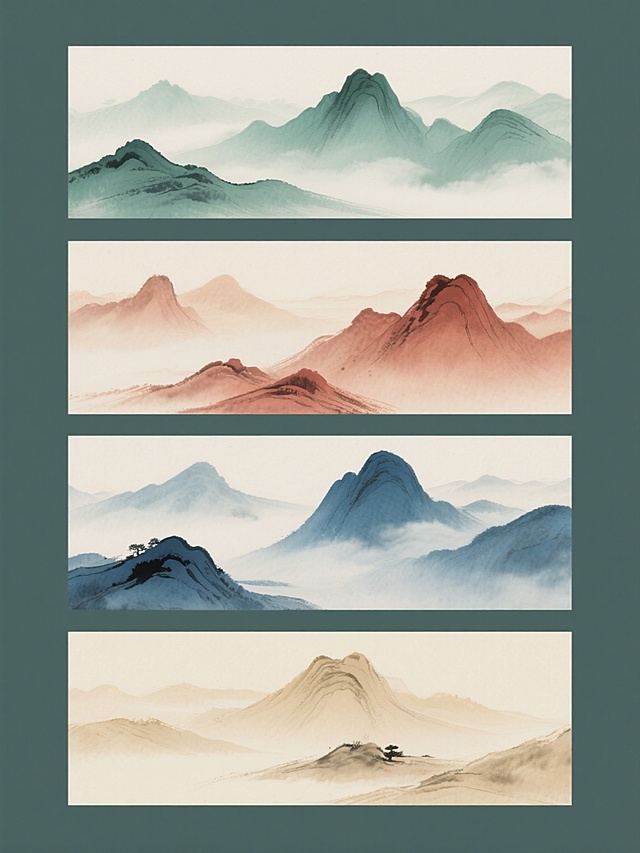 一套四个规整排布的中国传统水墨风格风景素材集合，每个元素均为纯色背景下的写意山水，保持相同的朦胧渐变笔触、柔和光影过渡和云雾缭绕的宁静氛围，但各自采用完全不同的山体形态与轮廓组合，色彩上分别呈现青绿色调、赭石红色调、靛蓝色调与米黄色调，整体构图均衡，视觉风格统一，无任何文字信息。