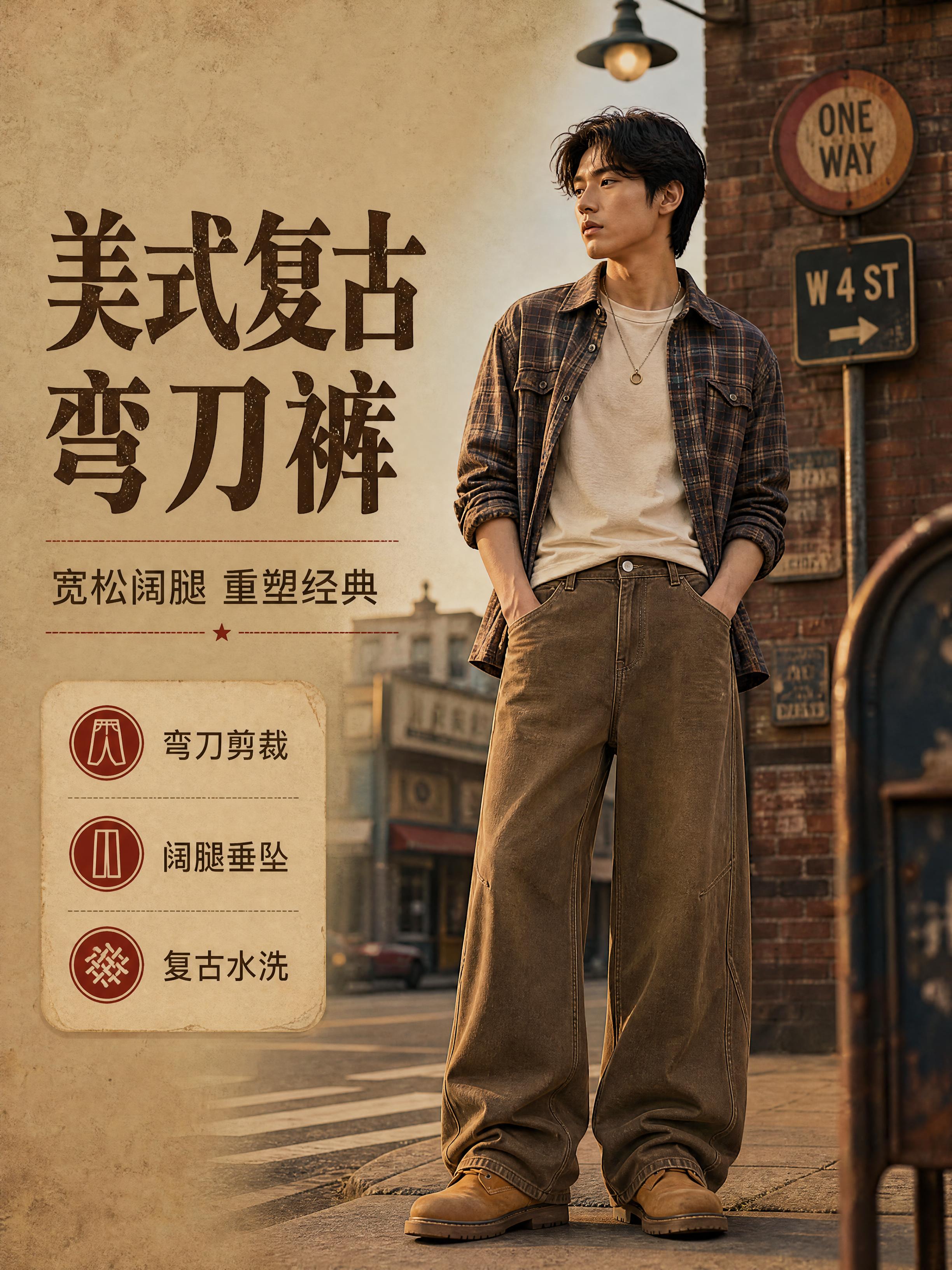 [商品] 使用【图1】美式复古弯刀牛仔裤；商品处理：保留棕色卡… - 图片创意预览