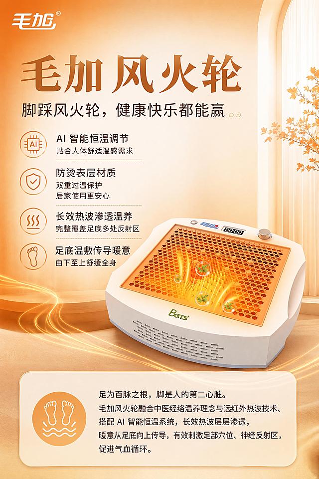参考参考海报的样式，制作毛加风火轮产品介绍海报，采用相同的橙白渐变爱马仕橙温馨理疗风格，融入毛加风火轮产品图，保持相同排版布局，文字清晰，文案内容：毛加风火轮
脚踩风火轮，健康快乐都能赢

AI 智能恒温调节
贴合人体舒适温感需求
 
防烫表层材质
双重过温保护

居家使用更安心 
长效热波渗透温养

完整覆盖足底多处反射区 
足底温敷传导暖意
由下至上舒缓全身

足为百脉之根，脚是人的第二心脏。毛加风火轮融合中医经络温养理念与远红外热波技术、搭配 AI 智能恒温系统，长效热波层层渗透，暖意从足底向上传导，有效刺激足部穴位、神经反射区，促进气血循环。
尺寸为宽60cm高90cm，所有文案清晰可见
