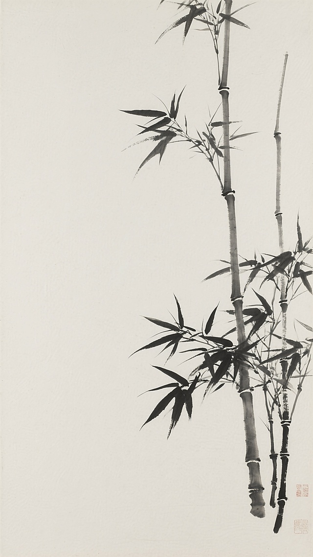 中国传统水墨画风格，以大面积留白为背景，画面中仅在右下角有一丛向上斜伸的墨竹，竹竿挺拔，竹节分明，竹叶呈不同角度舒展，笔触简洁有力，墨色浓淡相宜，展现出竹子的清雅风骨，整体构图简约空灵，营造出宁静悠远的东方意境。