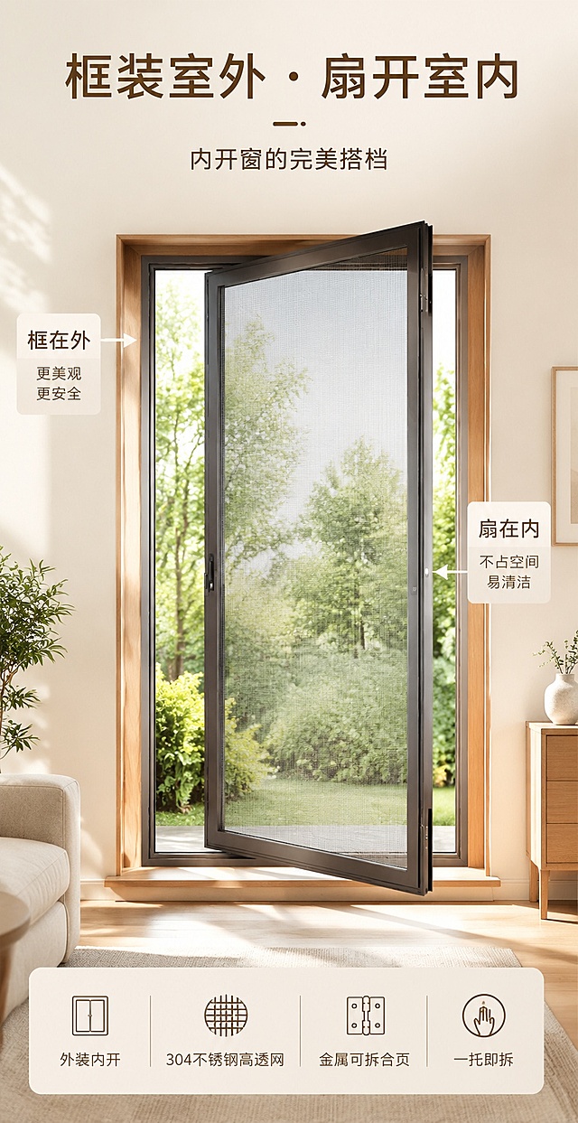 [第1屏] 详情页首屏焦点Banner，外装内开式高透金刚网纱窗产品宣传图。本屏使用【图1】作为商品主体，宽度750px适配淘宝无线端。
[氛围/风格] 简约大气家居温馨风，浅暖米调，明亮商业摄影质感。
[元素布局] 纱窗放置在画面中下区域，占比约70%，背景为明亮的客厅空间，内开窗处于开启状态，阳光透过高透纱网洒入室内，窗外绿植清晰可见，用浅色箭头标注出框在外、扇在内的安装结构，产品结构、颜色与输入产品图保持一致。
[光影质感] 自然光从窗外射入，整体柔和明亮，纱窗边框保留清晰金属高光，明暗层次自然。
[配色色系] 全局底色 #F8F5F0；主色深灰纱窗、浅米墙面；辅助色木色窗框、绿色绿植。
[视角构图] 平视正面视角，纱窗居中，阅读从上到下，动线流畅。
[文字版式] 版式为顶部标题区+中部产品展示+底部信息条。主标题「框装室外 · 扇开室内」，副标题「内开窗的完美搭档」，顶部居中对齐，字体简洁现代；底部信息条列出「外装内开 | 304不锈钢高透网 | 金属可拆合页 | 一托即拆」，文字清晰不遮挡产品主体。
[比例分辨率] 9:16竖版比例，宽度750px，4K分辨率，文字清晰可辨，高清画质。
[负向提示词] 产品变形，结构错误，颜色偏差，水印，文字错乱，文字过小，背景杂乱。