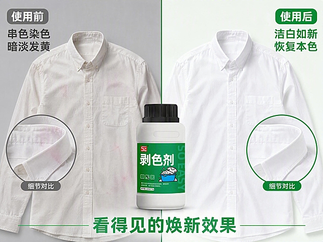 [第5张] 效果对比页 - 串色衣物使用前后真实对比。本张使用【图1】作为产品主体。
[氛围/风格] 前后对比型版式，强烈视觉反差，真实可信，克制不夸张。
[元素布局] 画面左右对半分栏，中间用竖线分隔：左侧「使用前」展示一件有轻微串色染色痕迹的白衬衫，衣物色泽暗淡；右侧「使用后」展示同款白衬衫洁白如新，色泽亮白；产品瓶置于画面底部中央，横跨左右两区，占比约25%，瓶身与输入图一致；左右两侧各有局部圆形放大图，对比衣领/袖口细节。
[光影质感] 左侧使用前区域光线偏暗偏冷，衣物质感偏旧；右侧使用后区域明亮温暖，衣物洁白有光泽；产品区光照均匀，质感清晰。
[配色色系] 全局底色左右分区，左冷灰 #E8E8E8，右亮白绿调 #F0F9F0；中间分隔线为绿色；主色 #00A651；辅助色白色、灰色。
[视角构图] 左右对比构图，正面平视，阅读动线从左到右：使用前 → 中间产品 → 使用后。
[文字版式] 左侧顶部灰色标签「使用前」，下方文字「串色染色 暗淡发黄」；右侧顶部绿色标签「使用后」，下方文字「洁白如新 恢复本色」；底部产品旁主标题「看得见的焕新效果」，绿色粗体；两侧圆形放大图旁标注「细节对比」；文字层级清晰，对比强烈。
[比例分辨率] 4:3 横版比例，4K 分辨率，文字清晰可辨，高清画质。
[负向提示词] 产品变形，污渍过于夸张恶心，颜色偏差，对比不明显，文字错乱，水印，衣物不真实。
