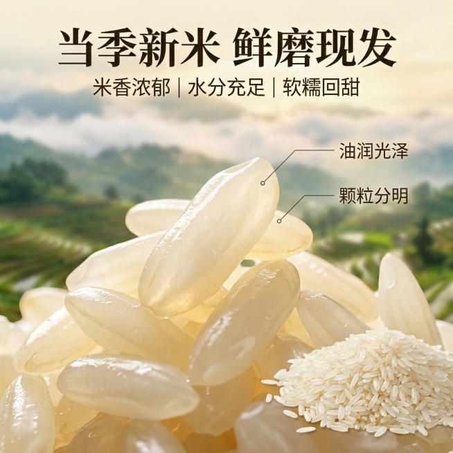 [主图主题] 当季新米米粒细节质感展示
[氛围/风格] 简约山地田园风，微距食欲感
[画面元素] 微距特写镜头聚焦蒸熟后的籼米饭，米粒饱满修长，表面油润光泽清晰可见，颗粒分明透出自然米香，旁边搭配少量预览效果