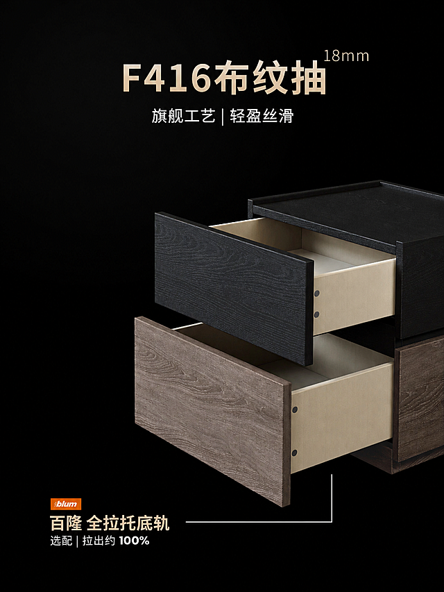 基于参考图进行修改，保持整体黑色背景、抽屉产品展示、光影质感和视觉风格完全不变，仅做以下修改：1. 将标题“纤薄布纹抽”改为“F416布纹抽”；2. 将右上角“12mm”改为“18mm”；3. 完全删除上方“百隆 半拉托底轨 标配 | 拉出约75%”的文字、blum标识及指引线，移除上方抽屉对应的半拉托底轨标注区域；4. 保留下方“百隆 全拉托底轨 选配 | 拉出约100%”的blum标识、文字及指引线完全不变；5. 其余产品画面、布局、字体风格全部保持原样，修改自然无痕。