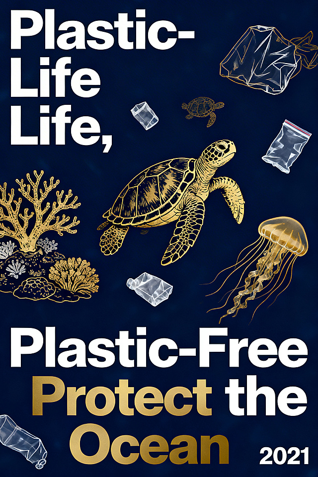 极简风格公益海报，主题为"Plastic-Free Life, Protect the Ocean"，深海军蓝背景，纤细精致的金色线条绘制海洋生物（海龟、珊瑚礁、水母）和塑料垃圾，动态不对称布局，白色和金色的粗体现代无衬线字体，干净高对比度美学，具有冲击力和概念性，参考2021海洋科学计划海报风格