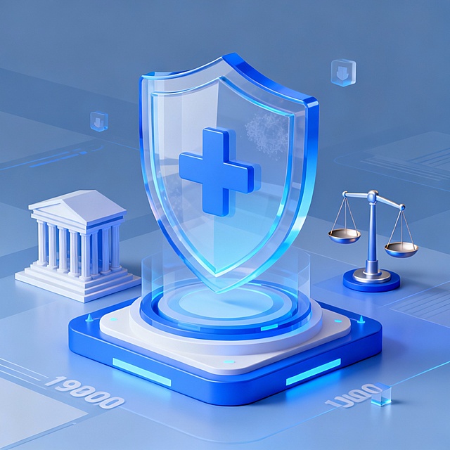未来感与科技感交织的3D玻璃风设计，透明盾牌融合医疗十字，象征健康守护；轻拟物风格呈现虚拟现实场景，搭配法典与天平，传递公正与安全理念。
