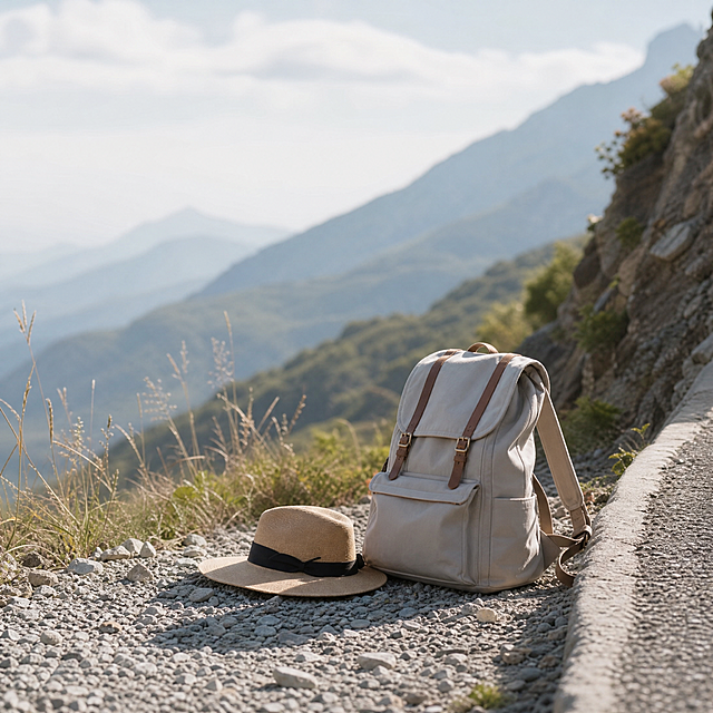 旅途细节特写，背包和帽子简约摆放在山间路边，营造清新简约的旅行氛围感，色调和前两张保持统一