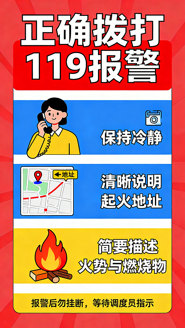 消防知识科普海报，统一扁平化插画风格，主题：正确拨打119报警，包含报警要点提示，简约干净，色块分明，科普宣传向