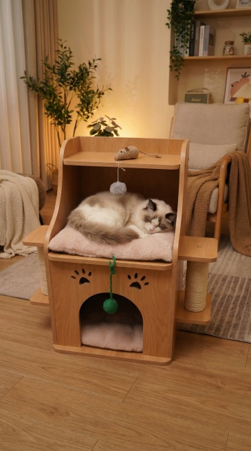 生成一个温馨的室内场景，有一只可爱的布偶猫睡在猫窝上面预览效果