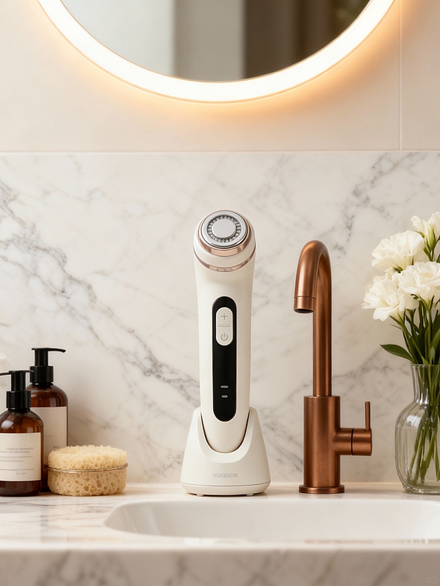 轻奢治愈风卫浴场景商业摄影，整体色调为暖棕金属水龙头、白纹大理石台面与柔暖灯光交织的低饱和高级调；采用平视中景视角，主体（占画面约 30% 垂直高度，符合画面的颜色）呈直立姿态，水龙头右侧；场景为卫浴空间：背景是白纹大理石墙面，上方设带暖光环形灯带的圆形镜，台面左侧摆放洗护瓶、海绵罐，右侧配带白花的透明花瓶；光线为环形灯带的柔暖漫射光，突出台面的细腻纹理，软装元素（窗帘、花束）强化治愈氛围；主体与卫浴场景自然融合，光线烘托出轻奢舒适的生活质感，商业级高清渲染，细节（纹理、光泽）细腻，色彩过渡柔和，契合高端卫浴产品的展示风格。