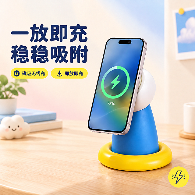图生图修正任务：以【当前图】https://dify-grsai.dancf.com/images/2d47d9868aa643a3b7edc8c3d6cd0293.png 为基底，仅修正手机与支架磁吸点的位置关系，其余画面、产品、文字与背景全部保持不变。
[修正] 手机整体往下移动：白色球形磁吸充电区正对手机背面的正中心位置（标准无线充电线圈位置），手机背部中心与白色球体中心对齐；手机由磁吸固定，底部自然贴近白色球体下方支撑处，姿态自然不悬空，不掉落、不歪斜；产品保持原结构、蓝黄白配色与比例，不改造型。
[其他保持] 主标题“一放即充 稳稳吸附”与两个胶囊标签“磁吸无线充”“即放即充”不变；奶油白到浅蓝/浅粉渐变背景、浅木桌面、右前侧柔和自然光、绿色充电闪电图标与百分比（不显示时间）全部保持；无额外线材、无水印。
[规格] 图片比例1:1方形，4K；禁止变形、错字、模糊、竖排/斜排文字、平台Logo、水印、二维码、极限词、冷蓝/蓝灰背景、手机悬空、磁吸点偏移手机中心。